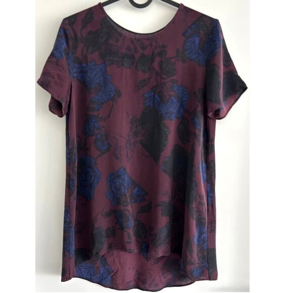 Wilfred Burgundy and Navy Blue Short Sleeve Silk Top Sz XS - Picture 1 of 7